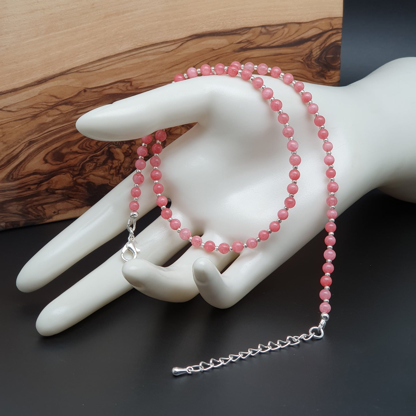 Pink Rhodochrosite Beaded Collar Necklace Silver Plated