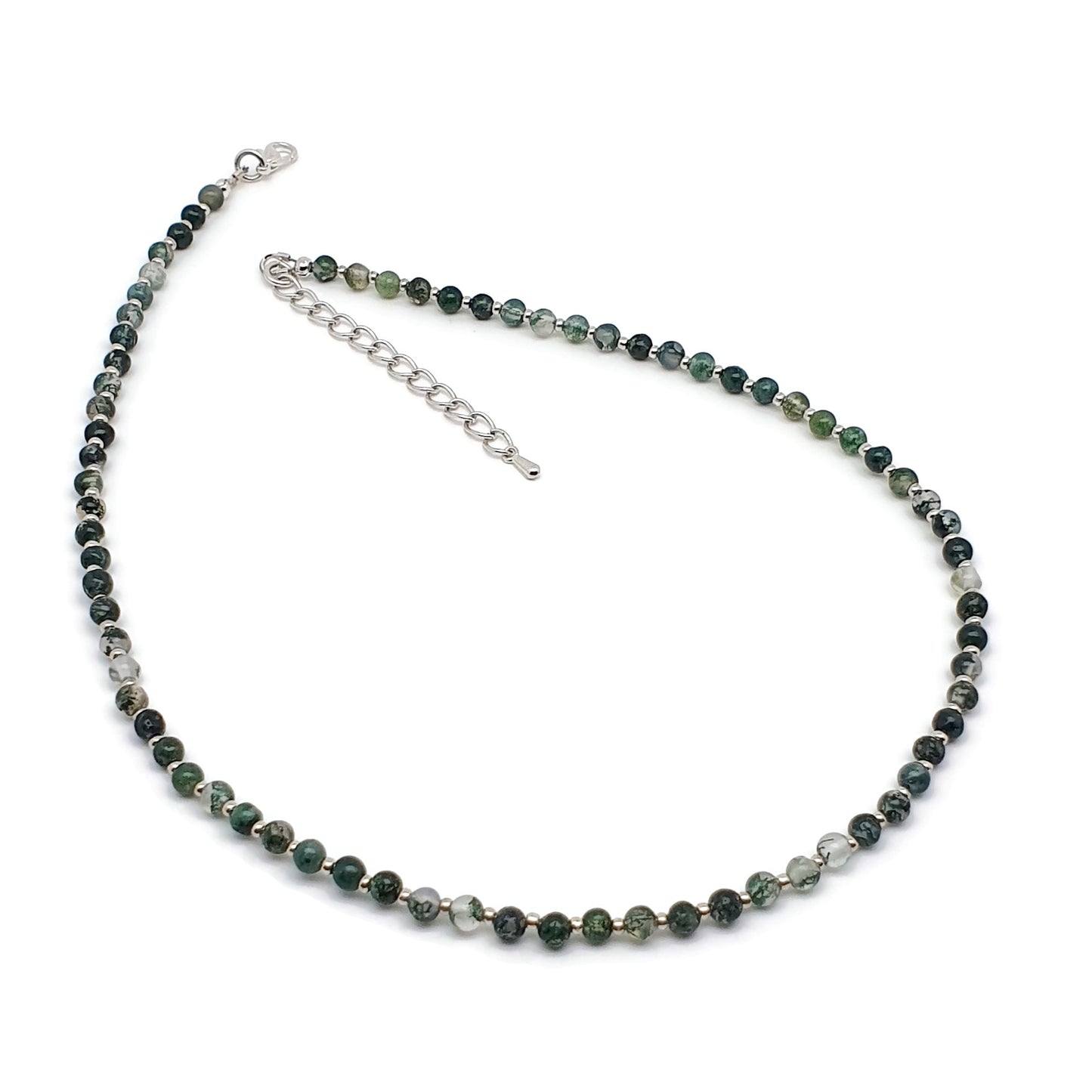 Green Moss Agate Beaded Collar Necklace Silver Plated