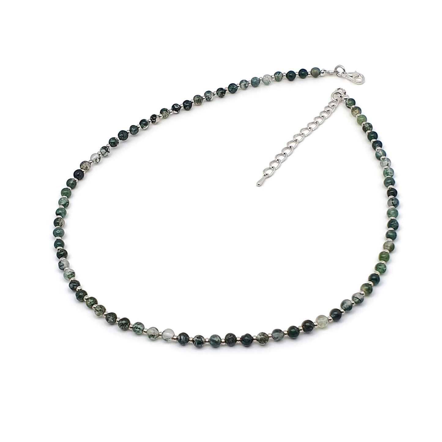 Green Moss Agate Beaded Collar Necklace Silver Plated