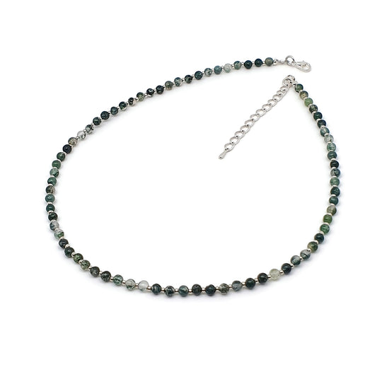 Green Moss Agate Beaded Collar Necklace Silver Plated