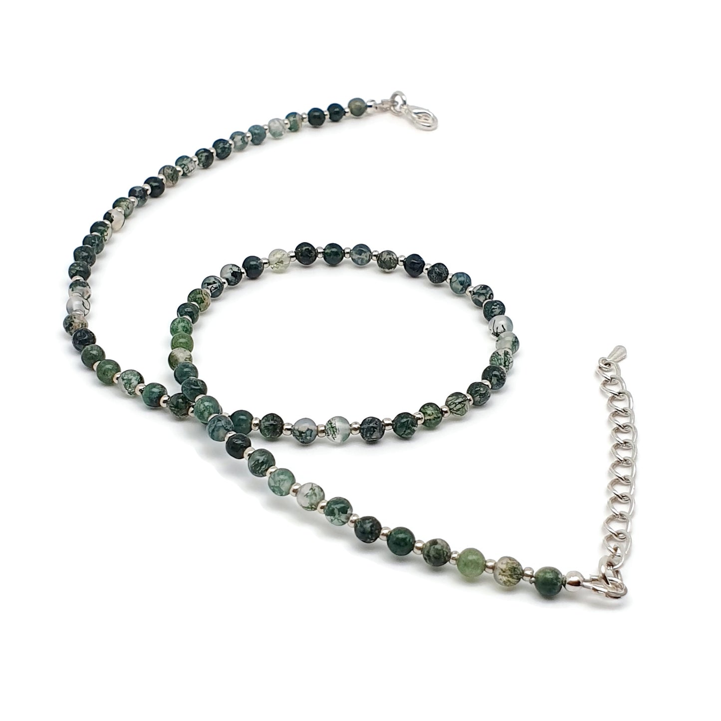 Green Moss Agate Beaded Collar Necklace Silver Plated