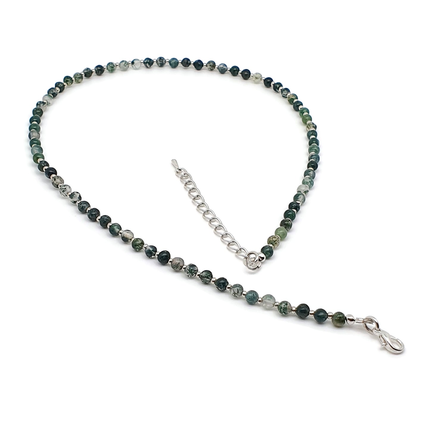 Green Moss Agate Beaded Collar Necklace Silver Plated