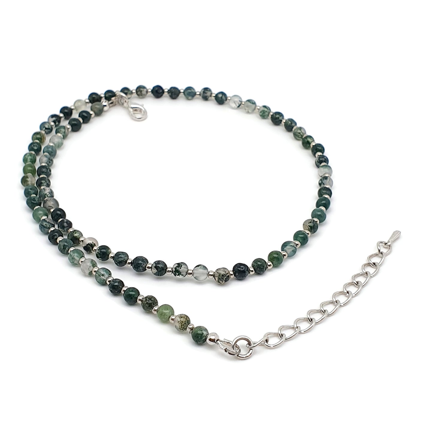 Green Moss Agate Beaded Collar Necklace Silver Plated