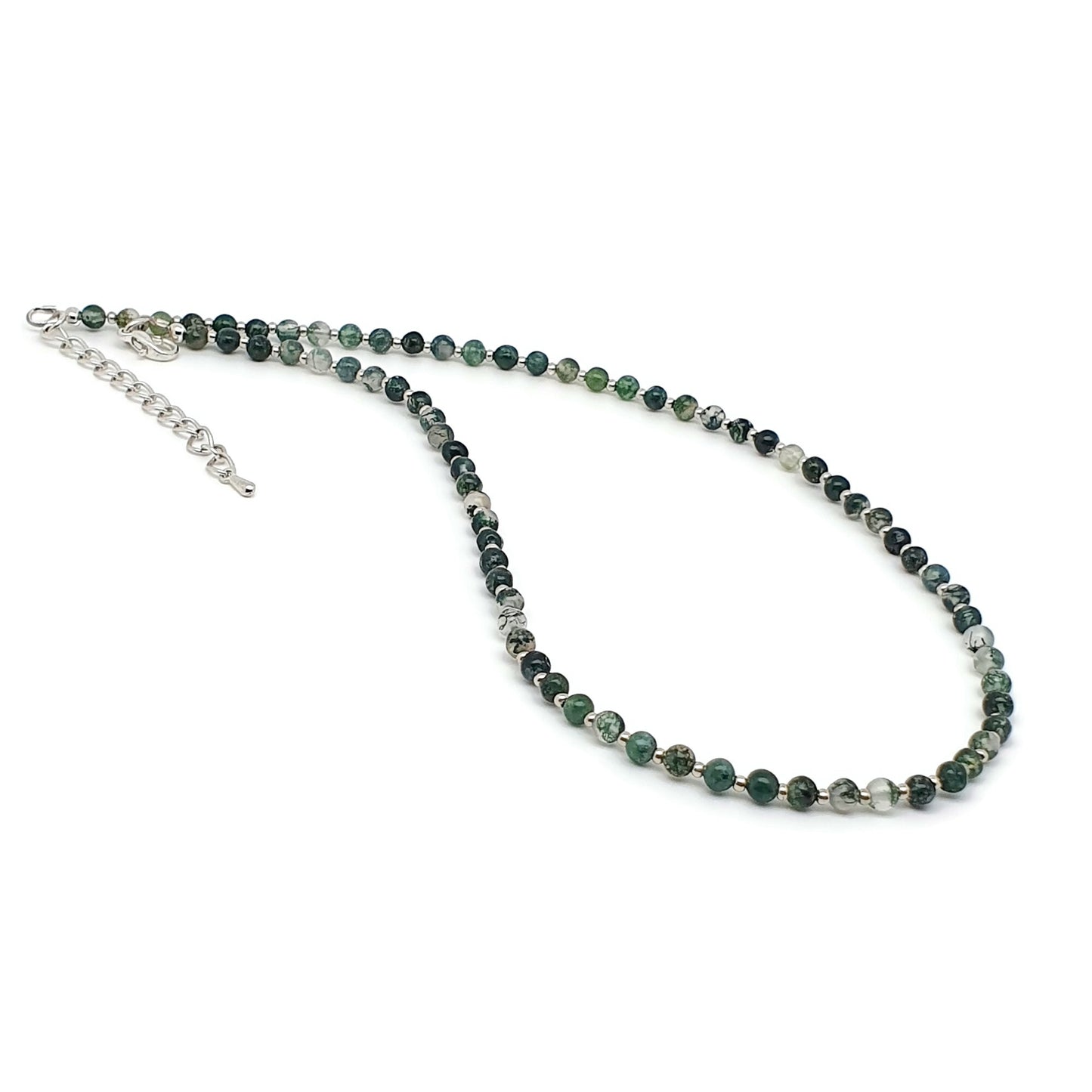 Green Moss Agate Beaded Collar Necklace Silver Plated