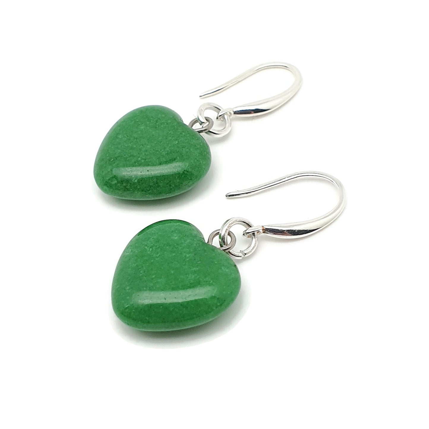 Green Jade Heart Earrings Dangle Drop Sterling Silver Hooks