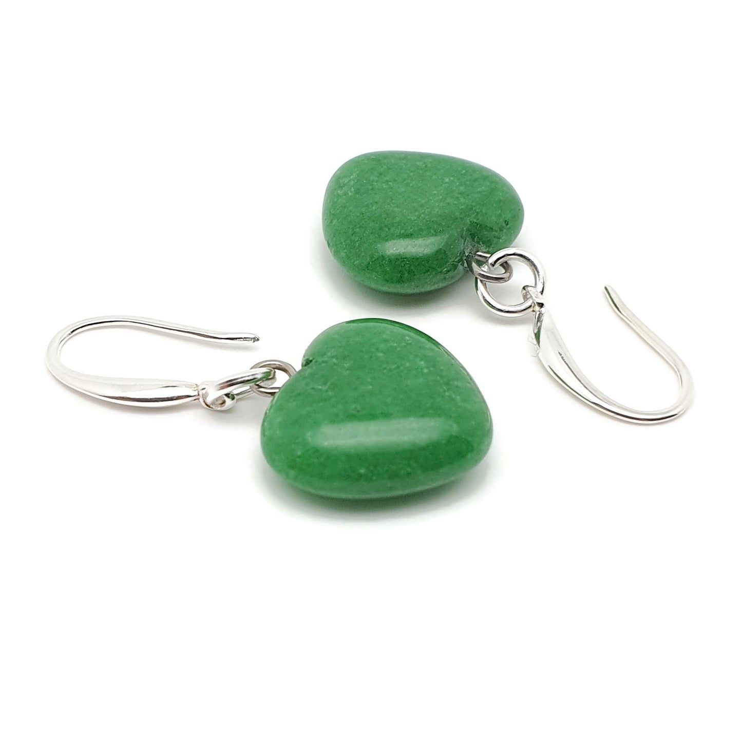 Green Jade Heart Earrings Dangle Drop Sterling Silver Hooks