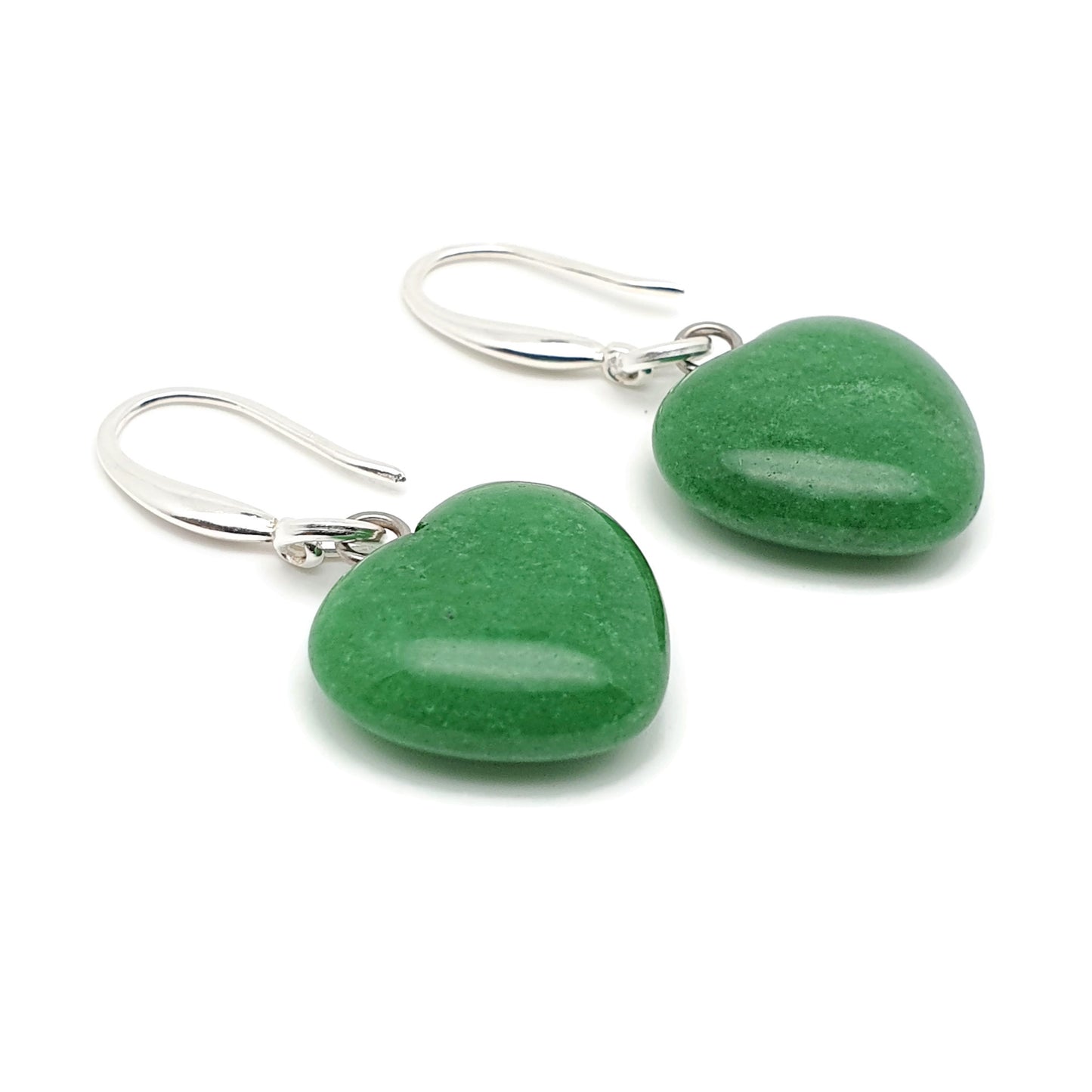 Green Jade Heart Earrings Dangle Drop Sterling Silver Hooks