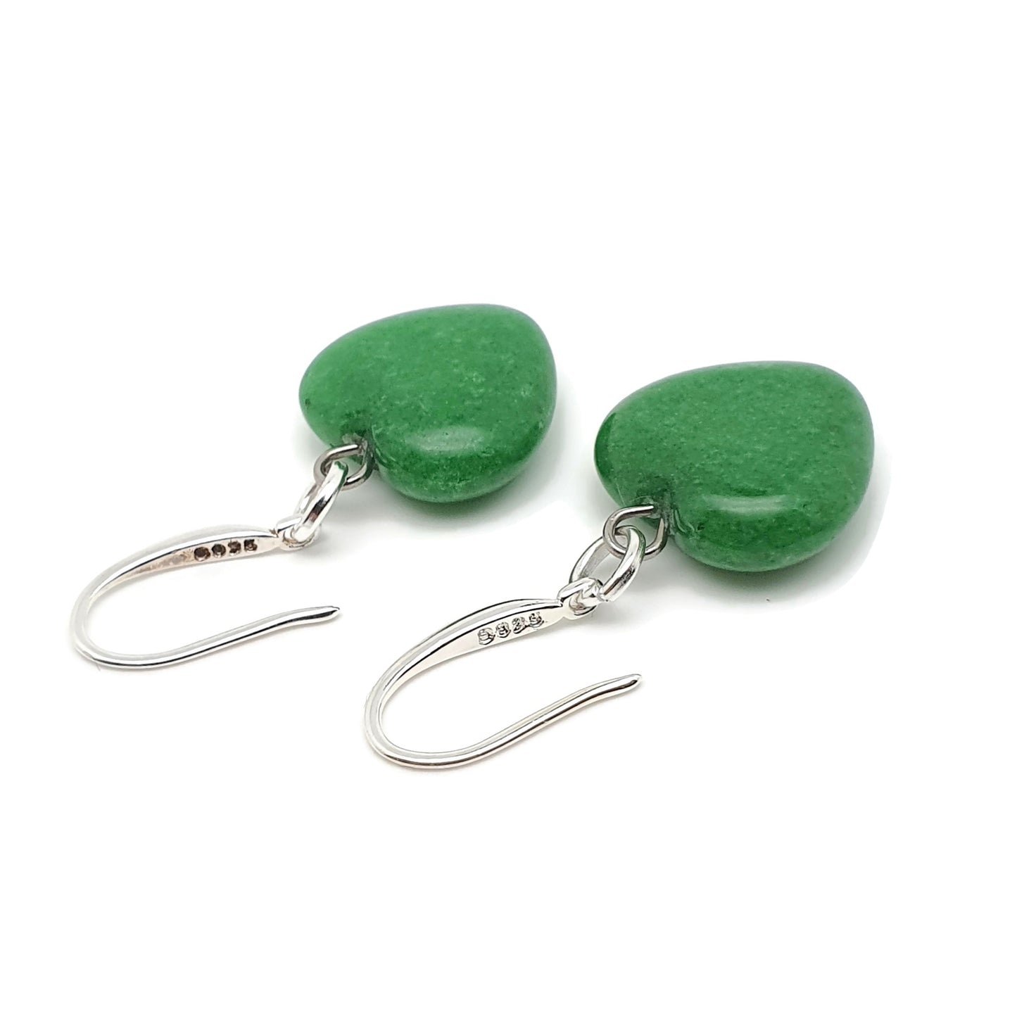 Green Jade Heart Earrings Dangle Drop Sterling Silver Hooks