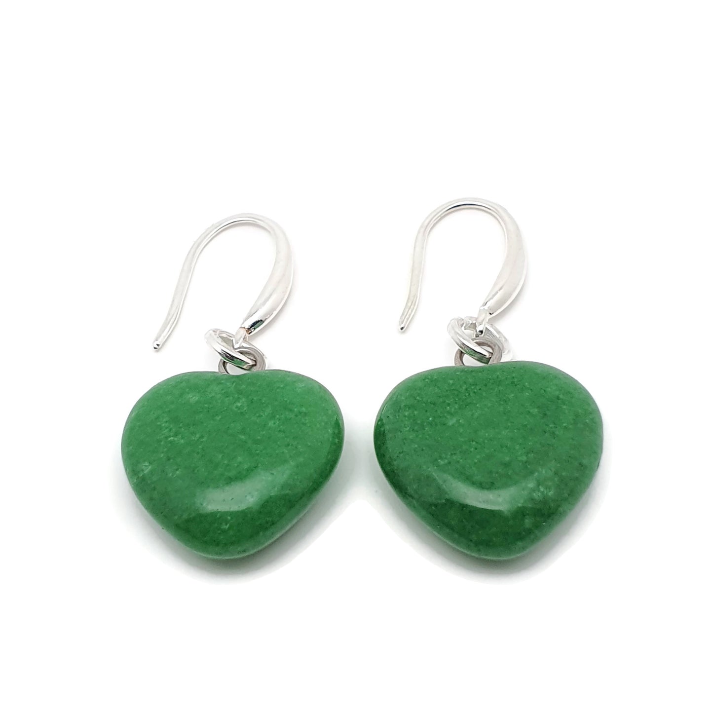 Green Jade Heart Earrings Dangle Drop Sterling Silver Hooks