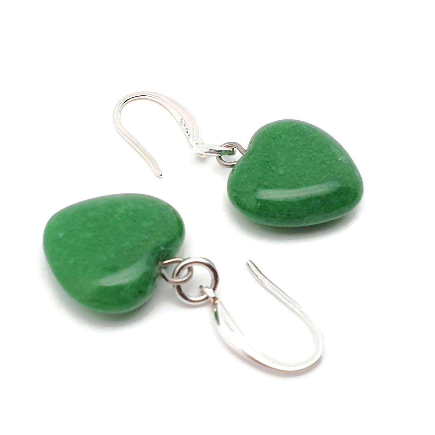 Green Jade Heart Earrings Dangle Drop Sterling Silver Hooks