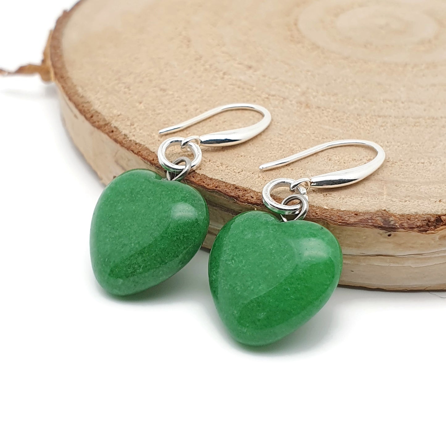 Green Jade Heart Earrings Dangle Drop Sterling Silver Hooks