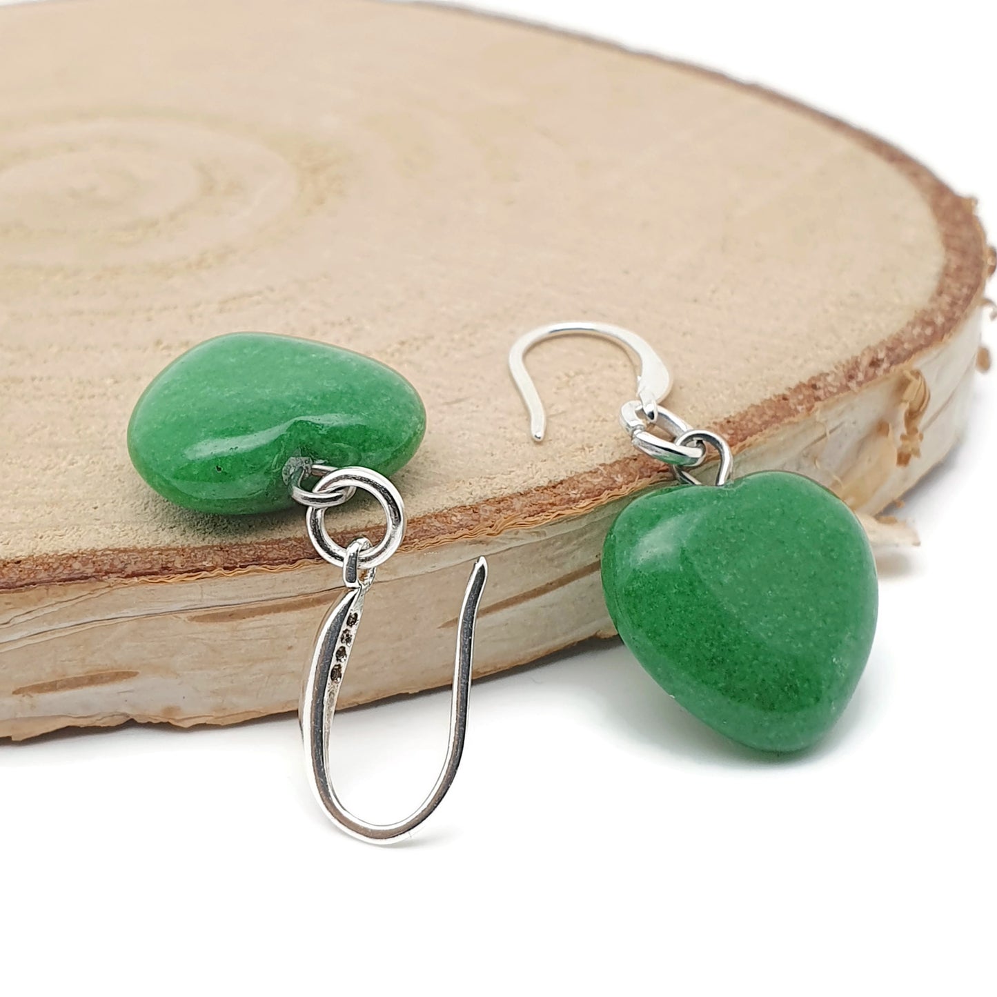 Green Jade Heart Earrings Dangle Drop Sterling Silver Hooks