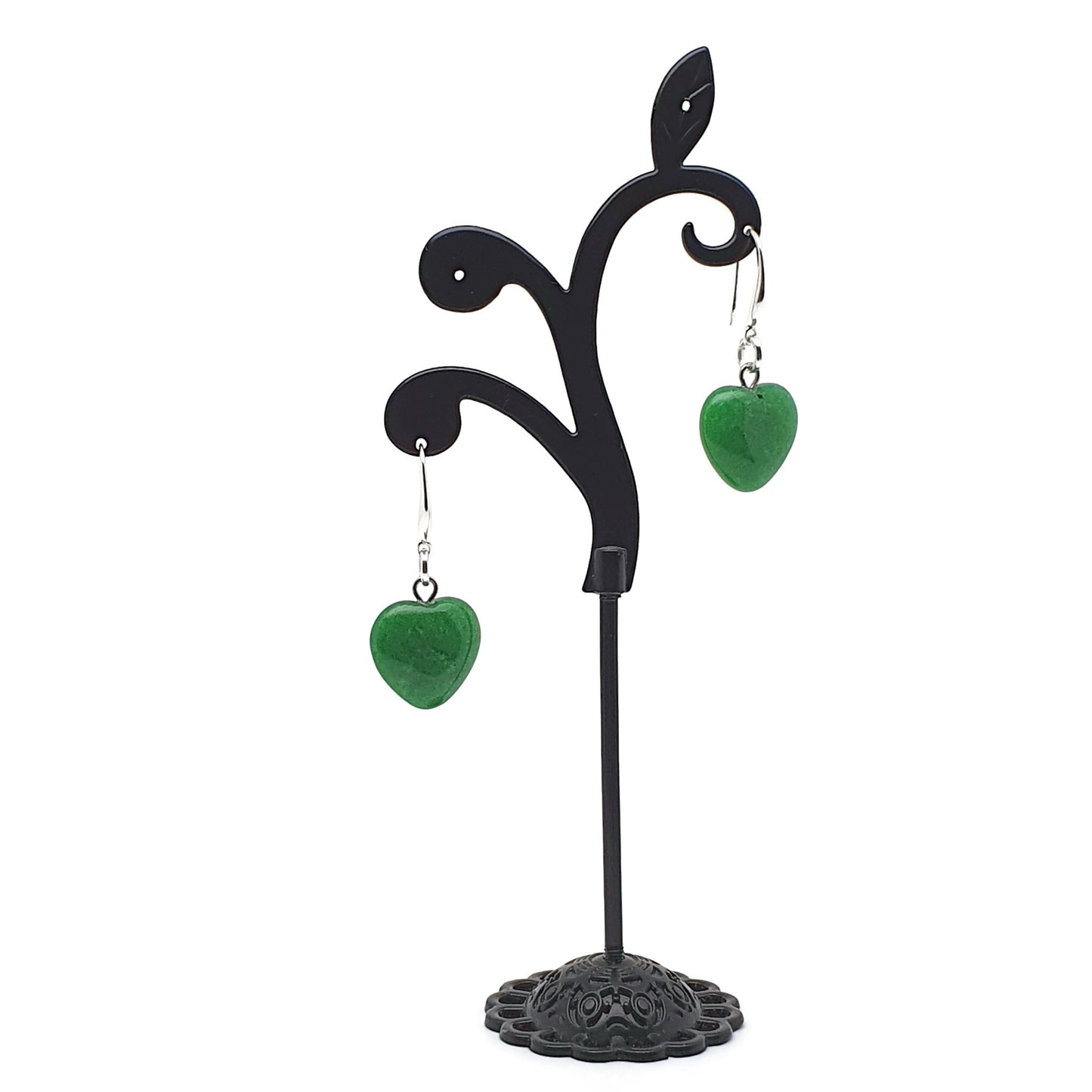 Green Jade Heart Earrings Dangle Drop Sterling Silver Hooks