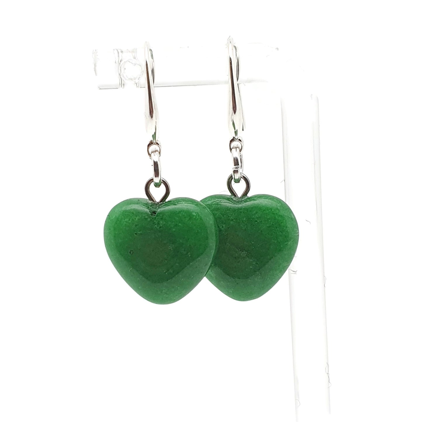 Green Jade Heart Earrings Dangle Drop Sterling Silver Hooks