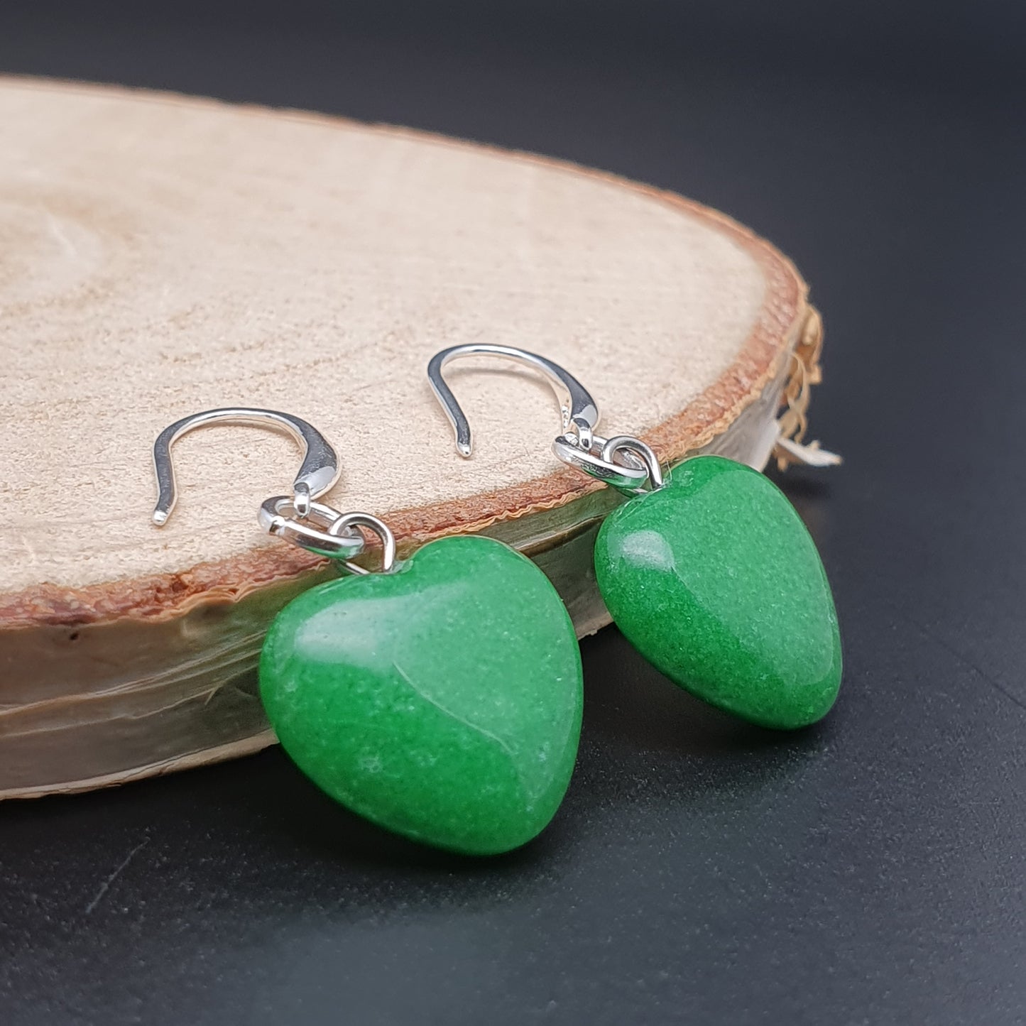 Green Jade Heart Earrings Dangle Drop Sterling Silver Hooks