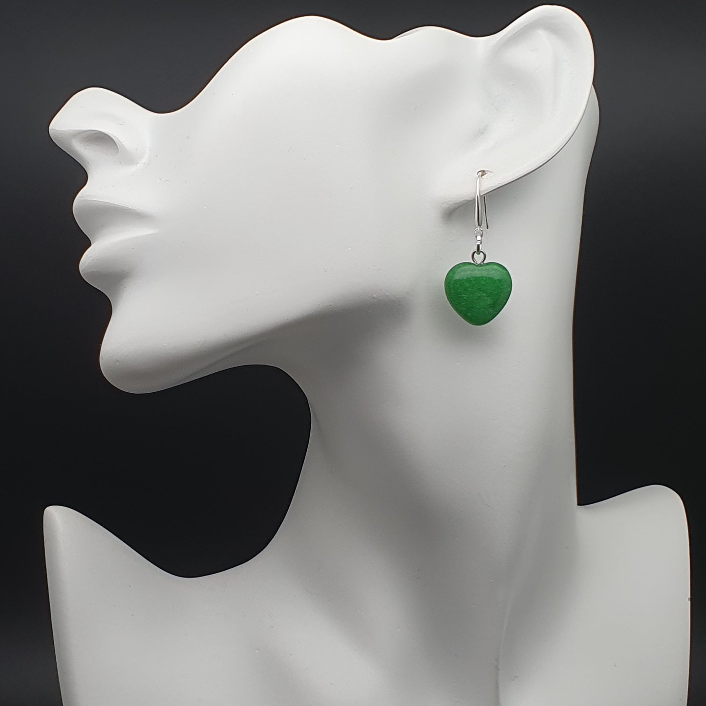 Green Jade Heart Earrings Dangle Drop Sterling Silver Hooks