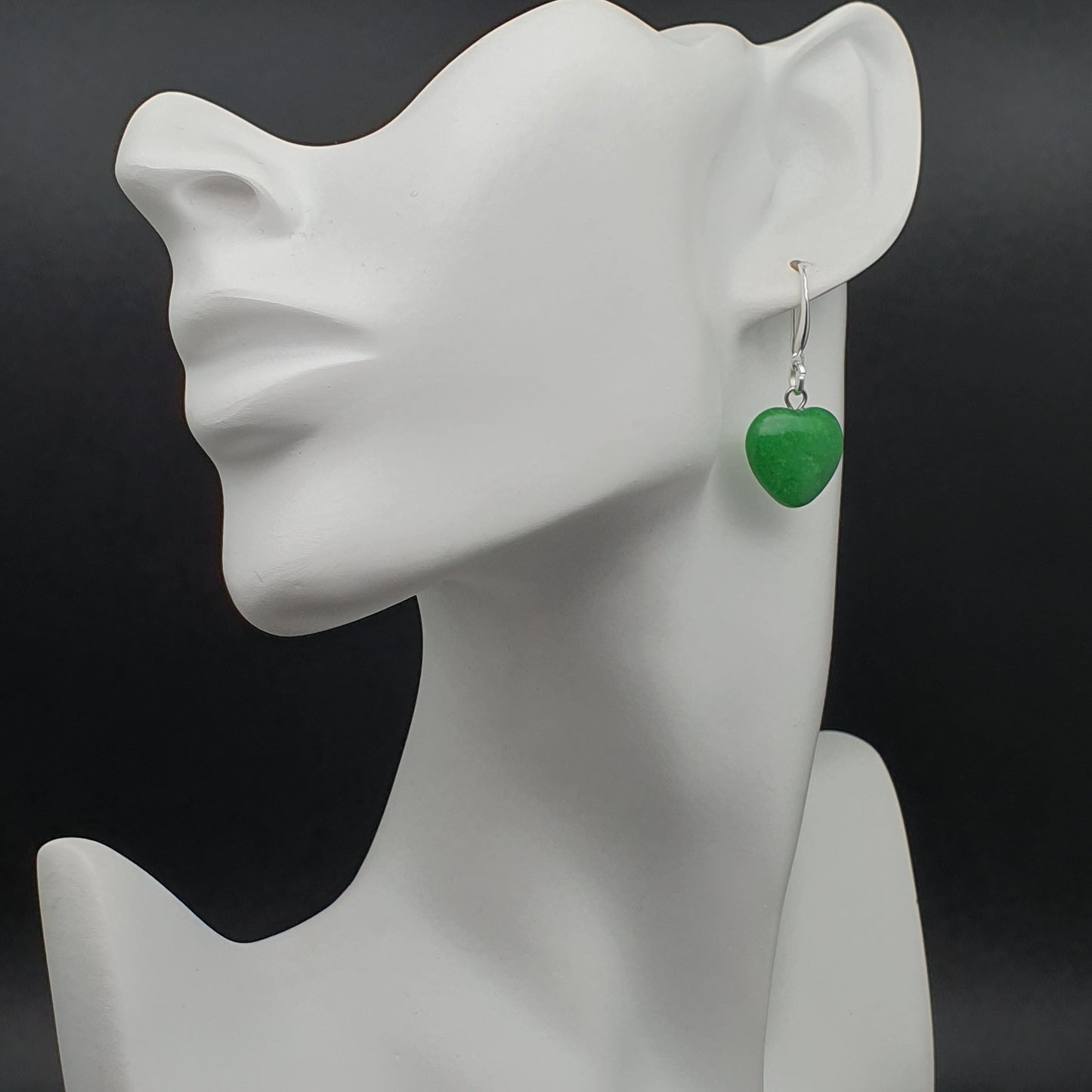 Green Jade Heart Earrings Dangle Drop Sterling Silver Hooks