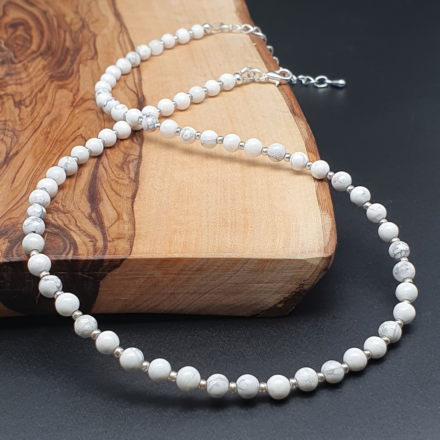 White Howlite Beaded Collar Necklace Silver Plated