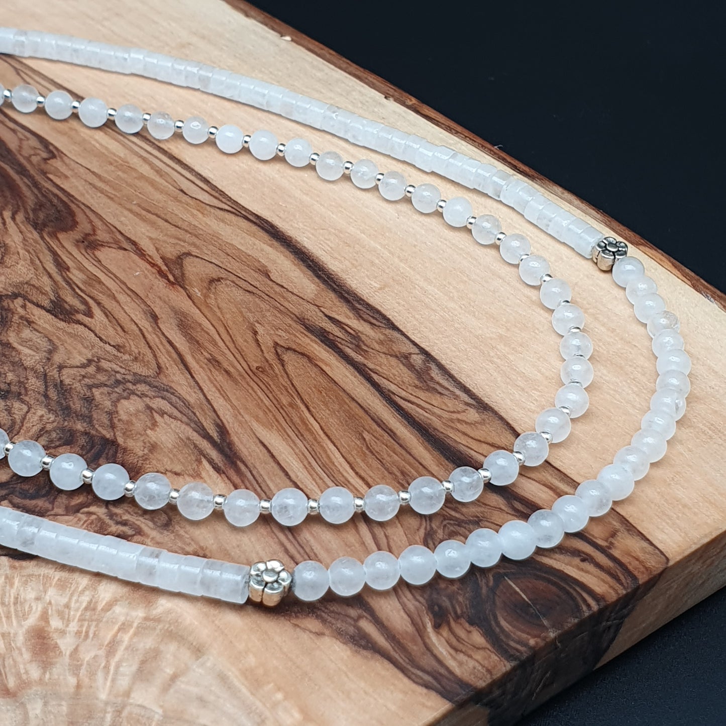 White Snow Quartz Beaded Collar Necklace Silver Plated