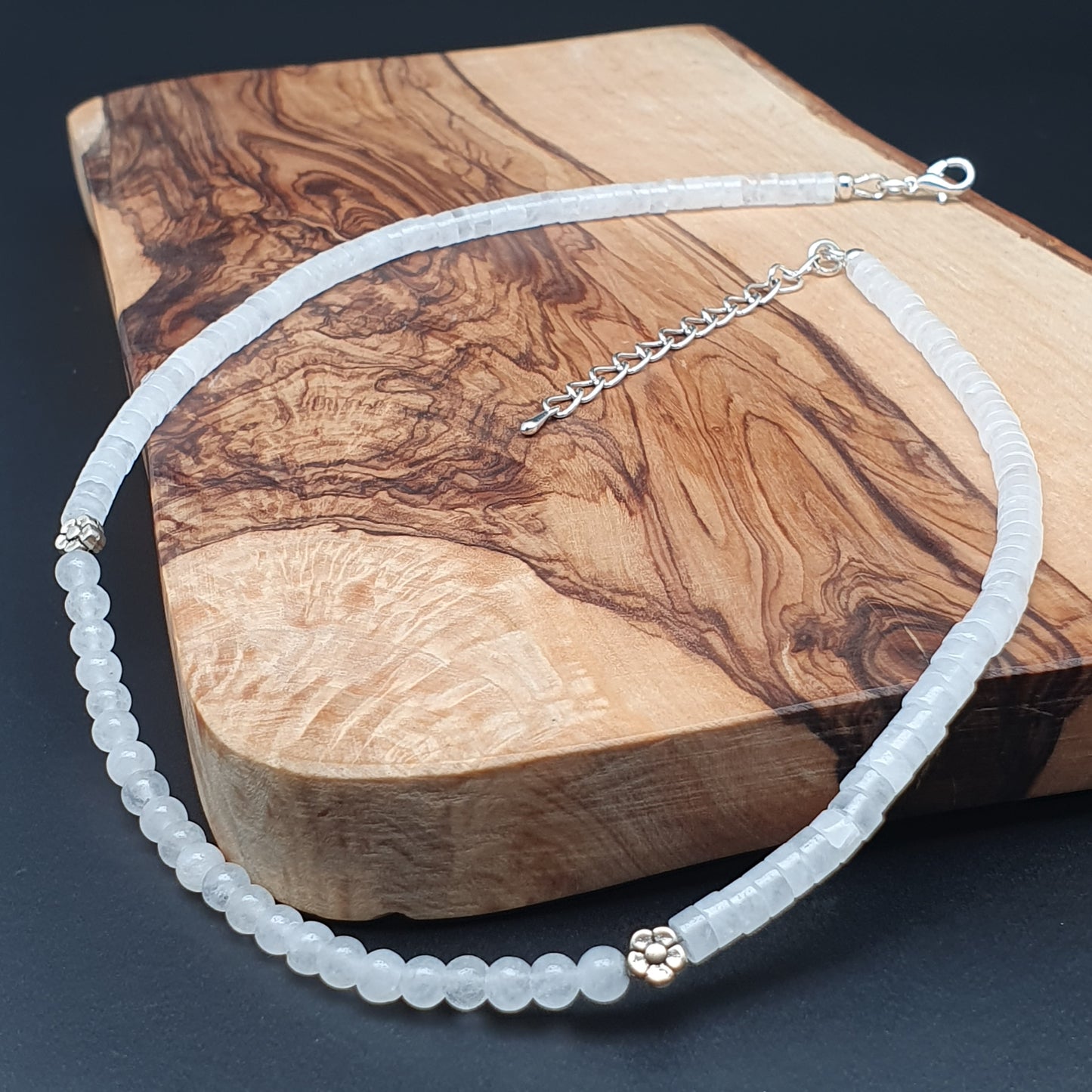 White Snow Quartz Beaded Collar Necklace Silver Plated