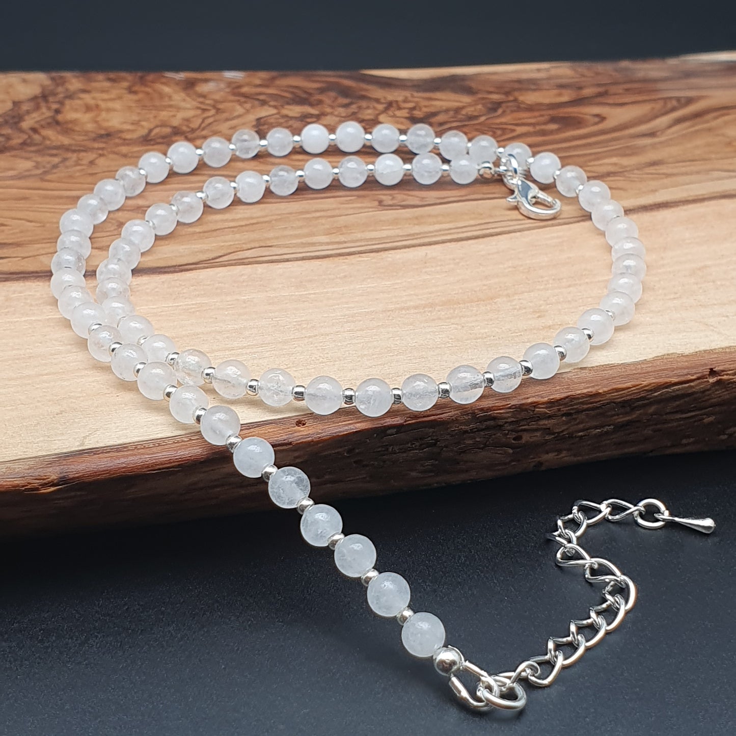 White Snow Quartz Beaded Collar Necklace Silver Plated