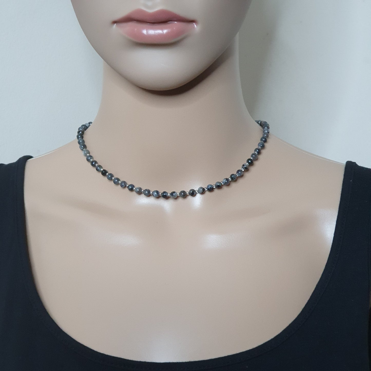 Grey Labradorite Beaded Collar Necklace Silver Plated