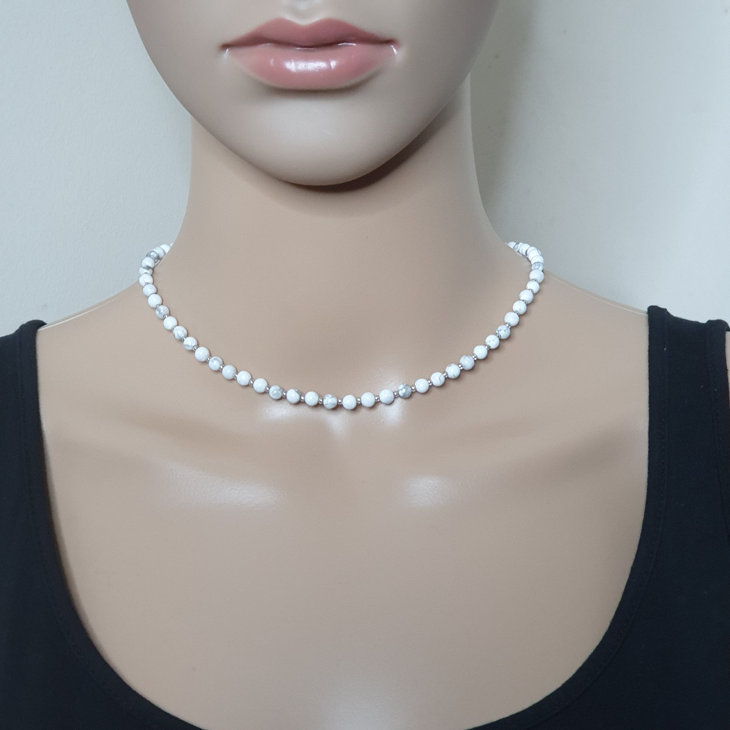 White Howlite Beaded Collar Necklace Silver Plated