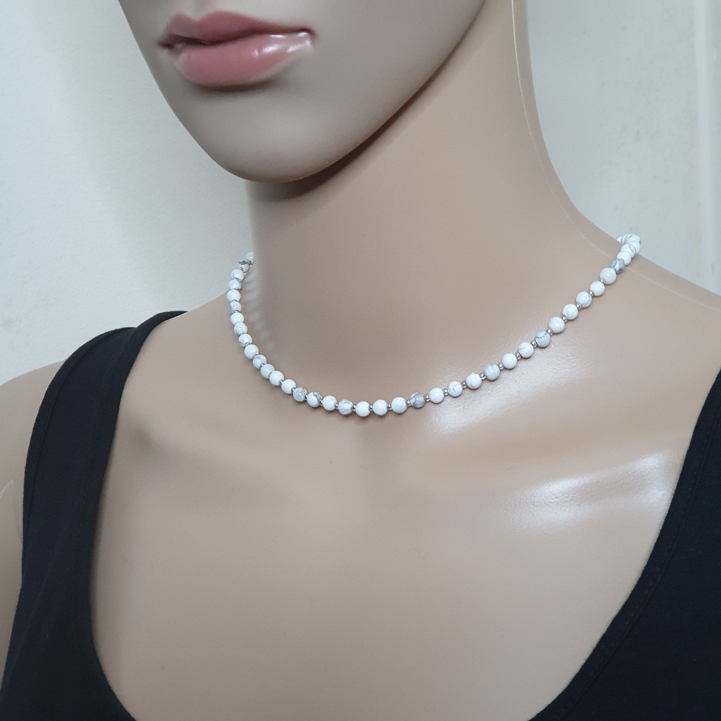 White Howlite Beaded Collar Necklace Silver Plated