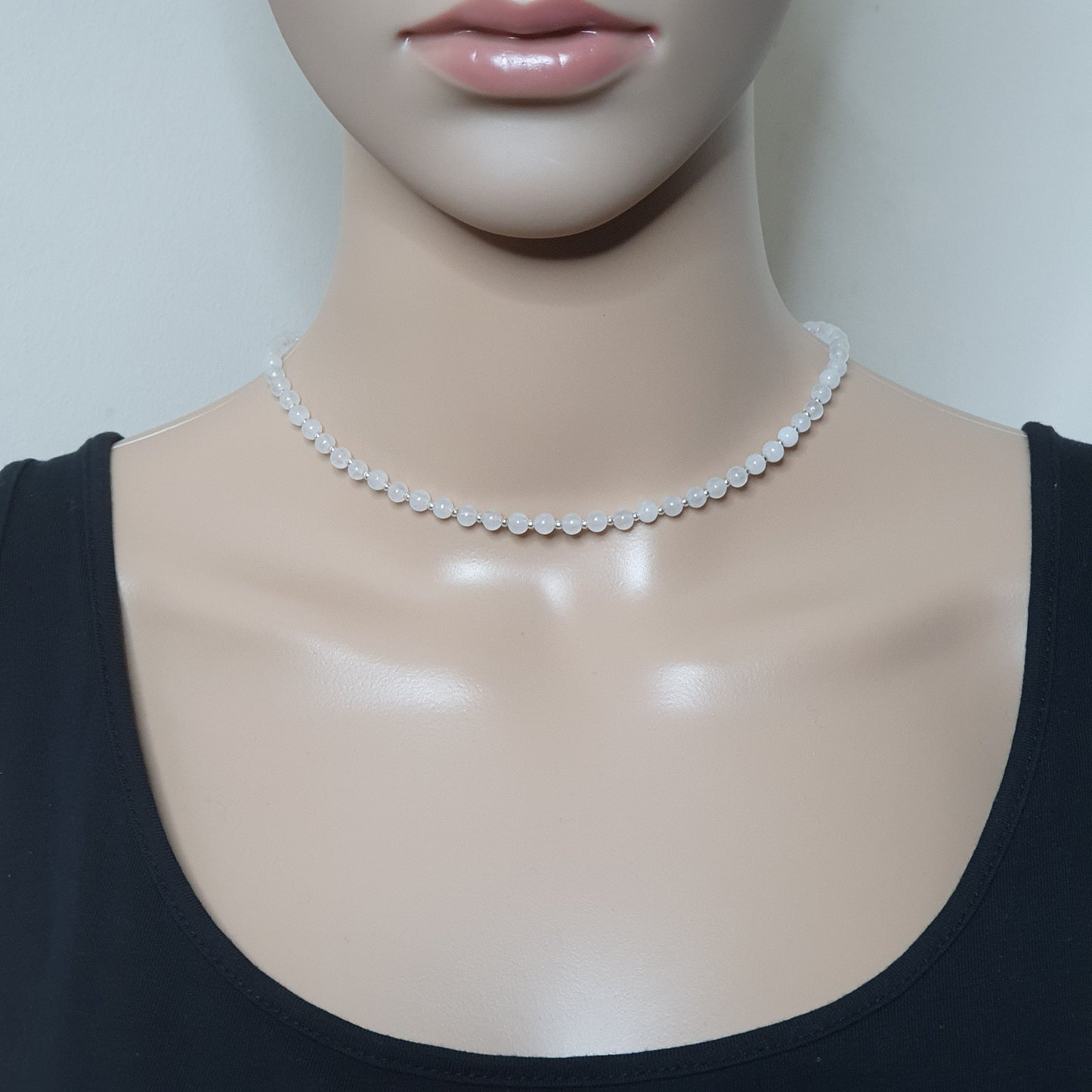 White Snow Quartz Beaded Collar Necklace Silver Plated