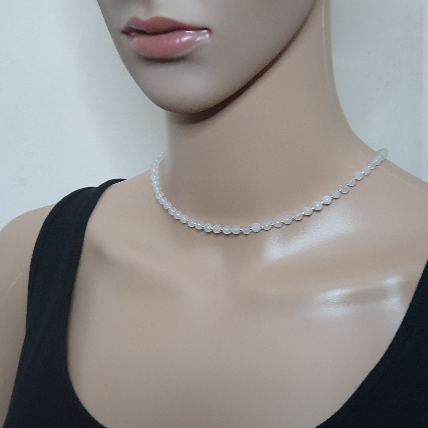 White Snow Quartz Beaded Collar Necklace Silver Plated