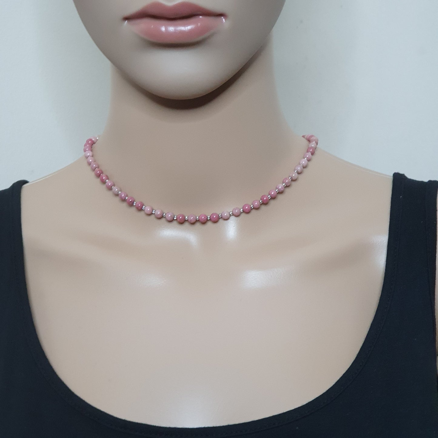 Pink Rhodonite Beaded Collar Necklace Silver Plated