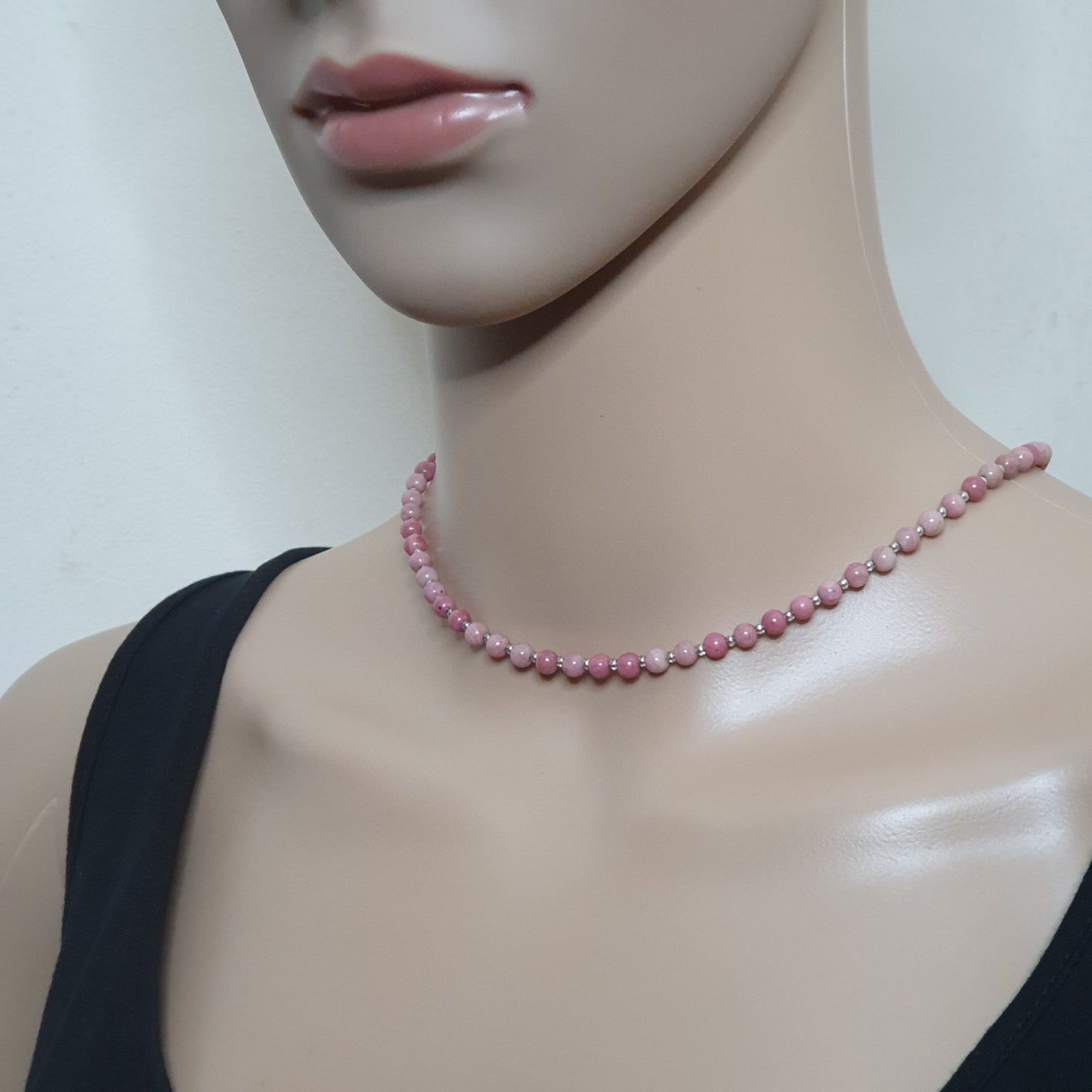 Pink Rhodonite Beaded Collar Necklace Silver Plated