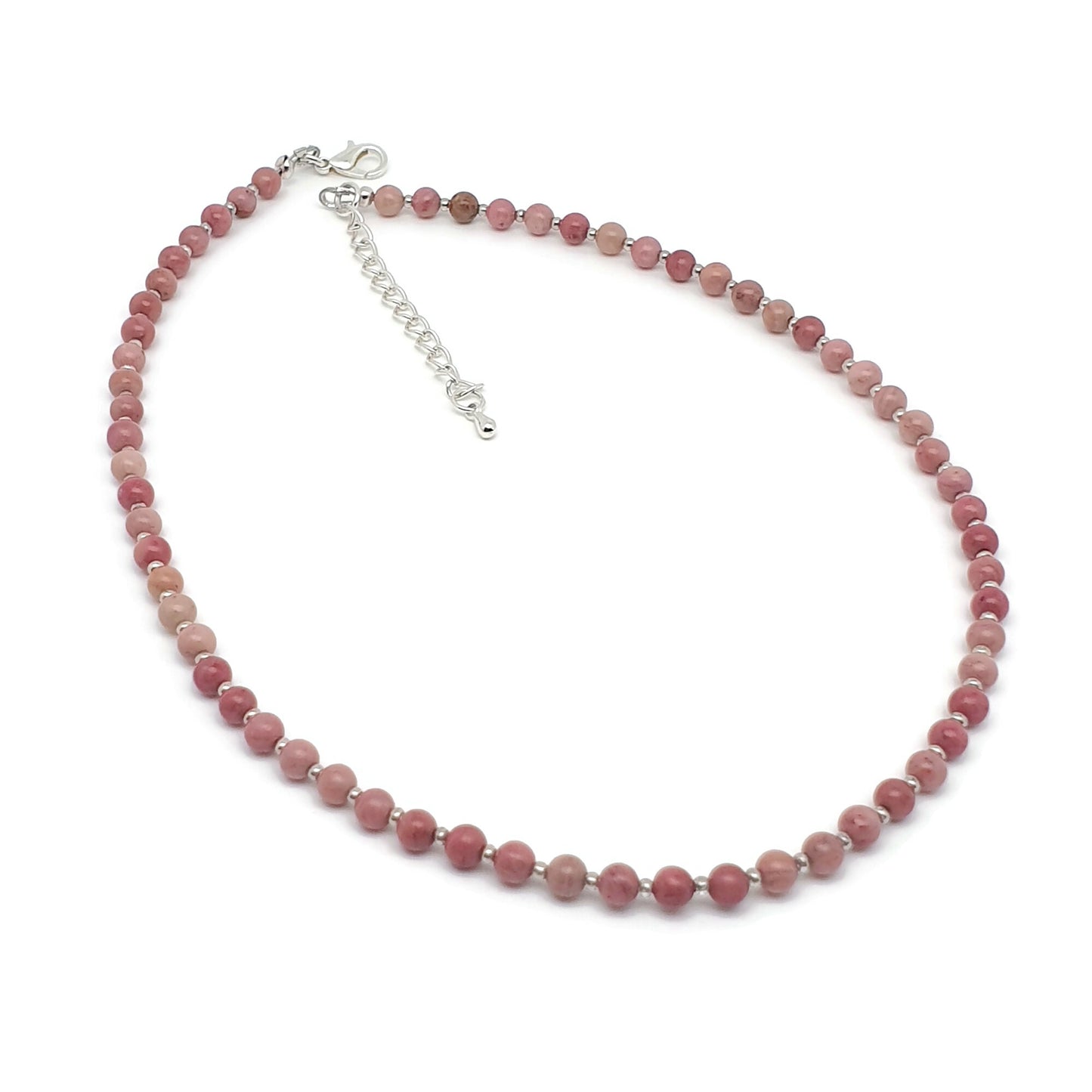 Pink Rhodonite Beaded Collar Necklace Silver Plated