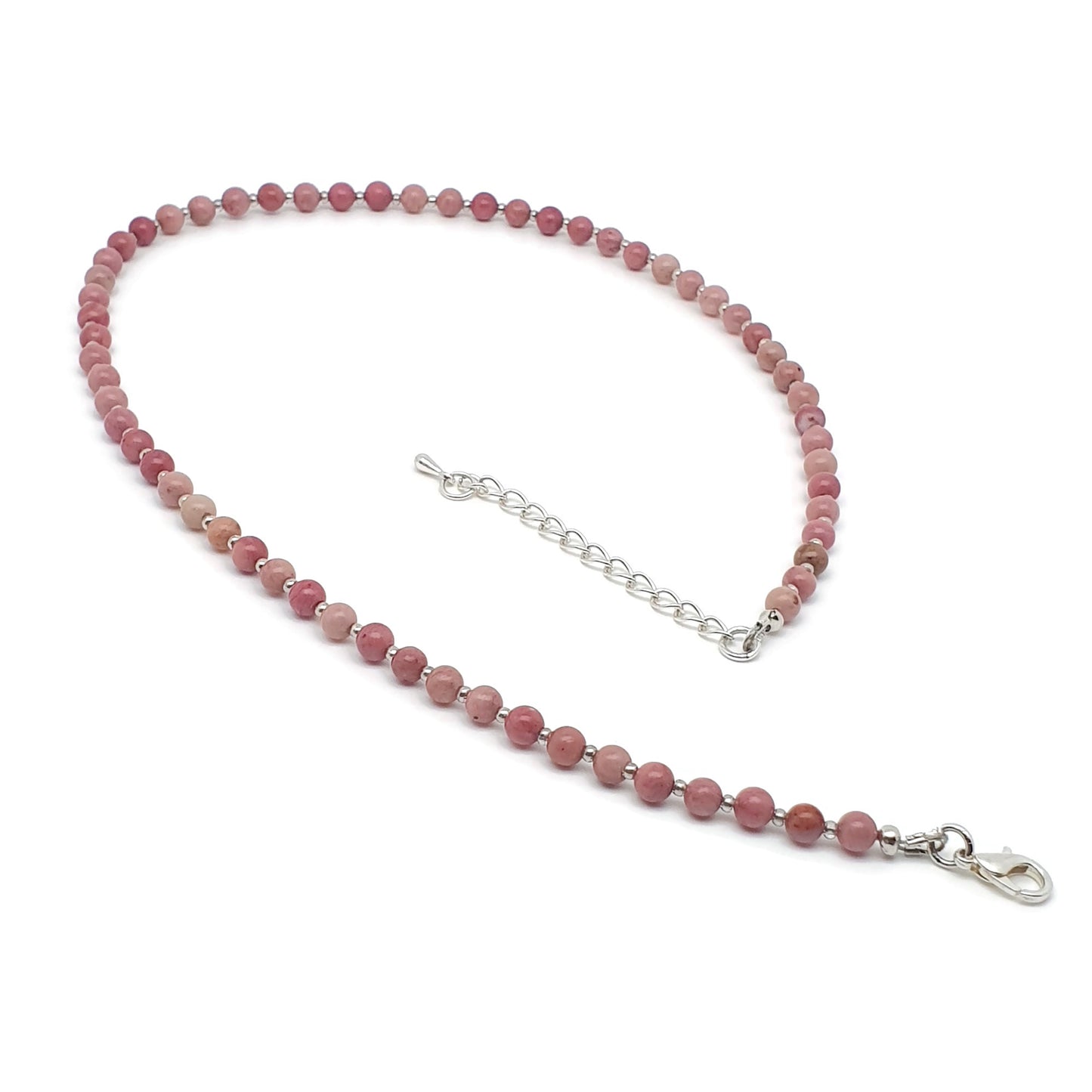 Pink Rhodonite Beaded Collar Necklace Silver Plated