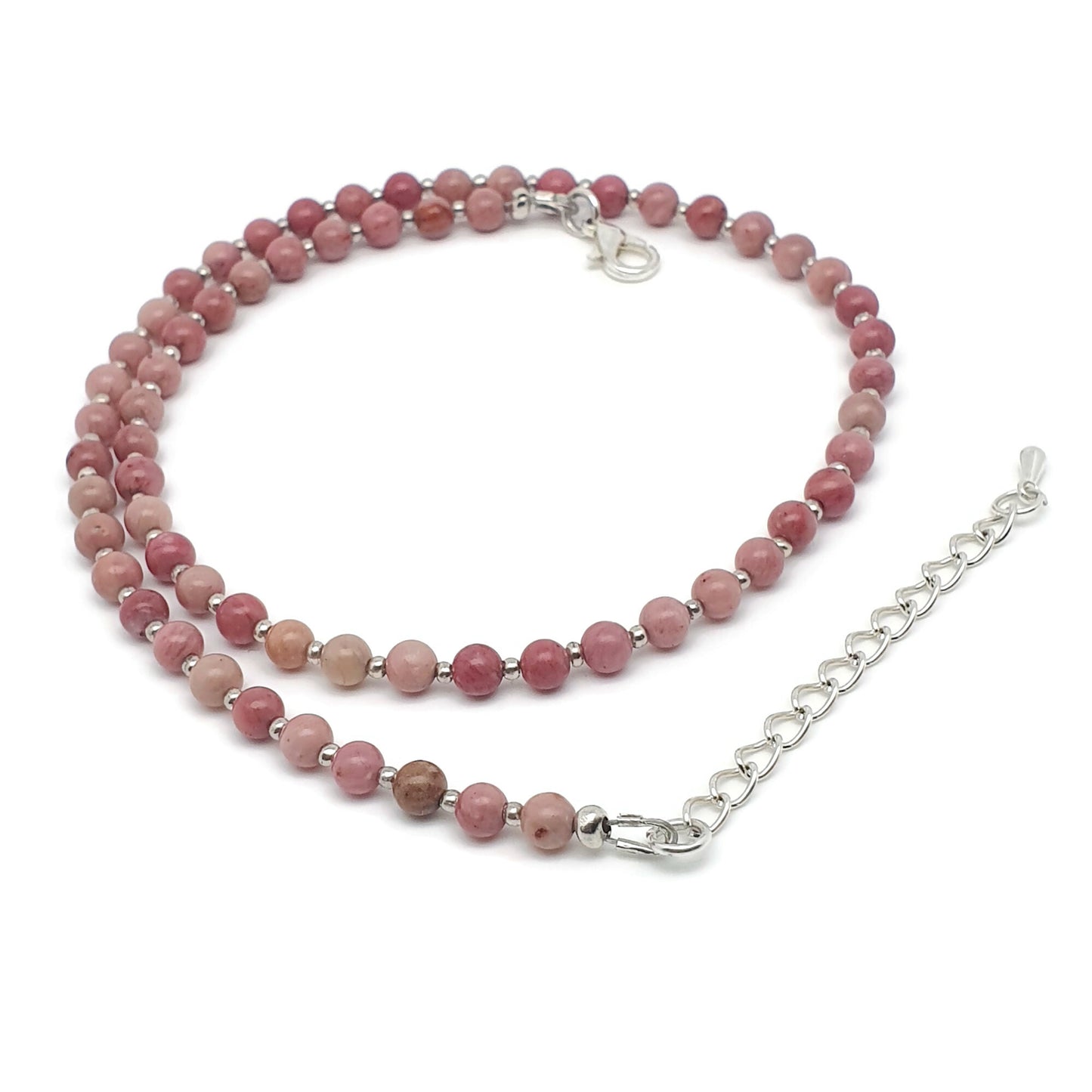 Pink Rhodonite Beaded Collar Necklace Silver Plated