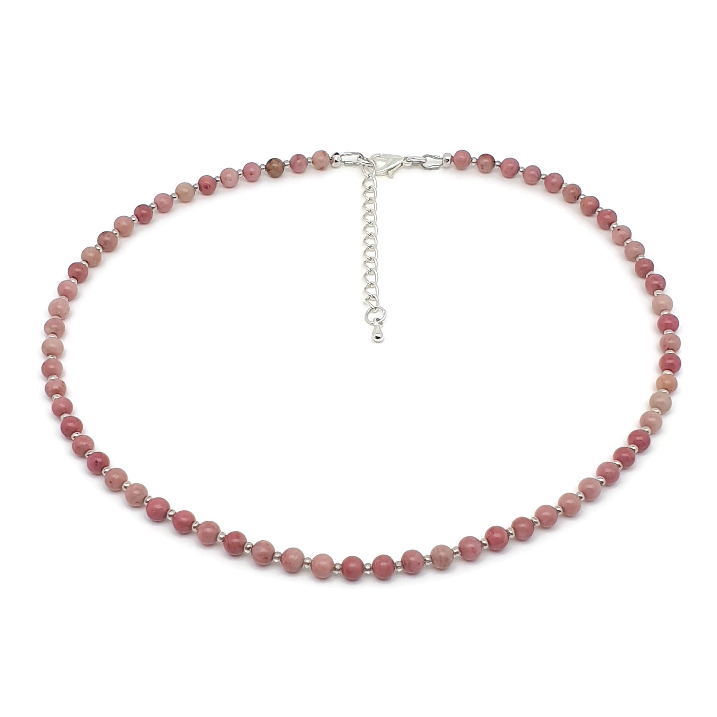 Pink Rhodonite Beaded Collar Necklace Silver Plated