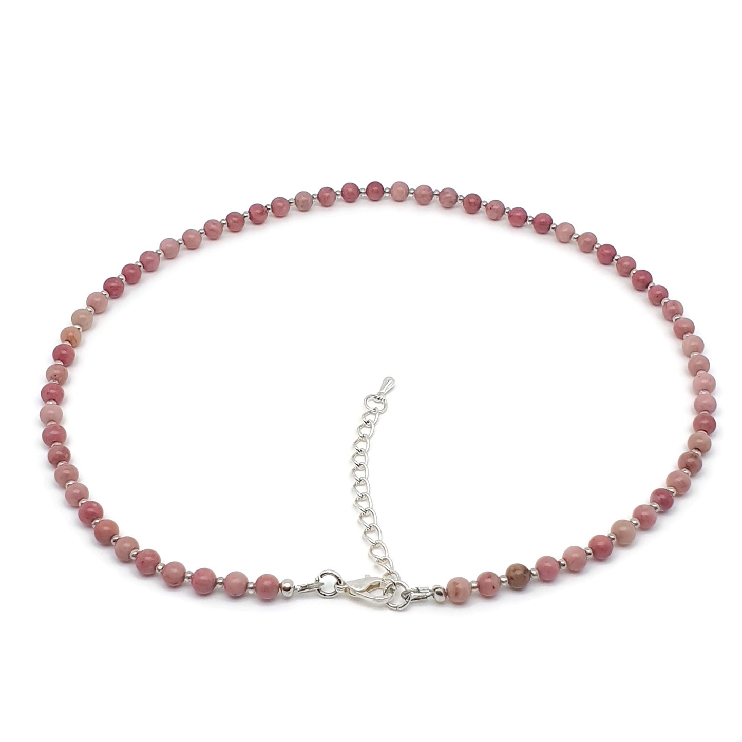 Pink Rhodonite Beaded Collar Necklace Silver Plated