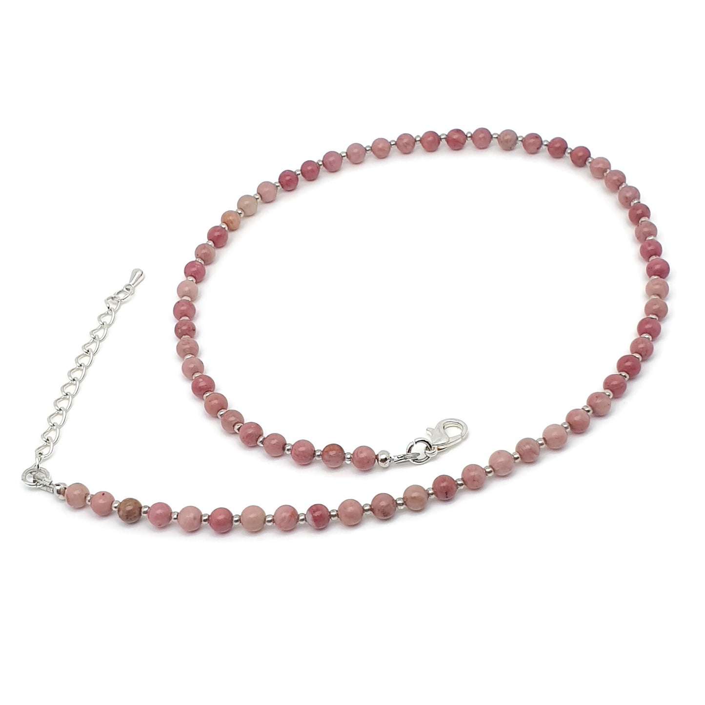 Pink Rhodonite Beaded Collar Necklace Silver Plated