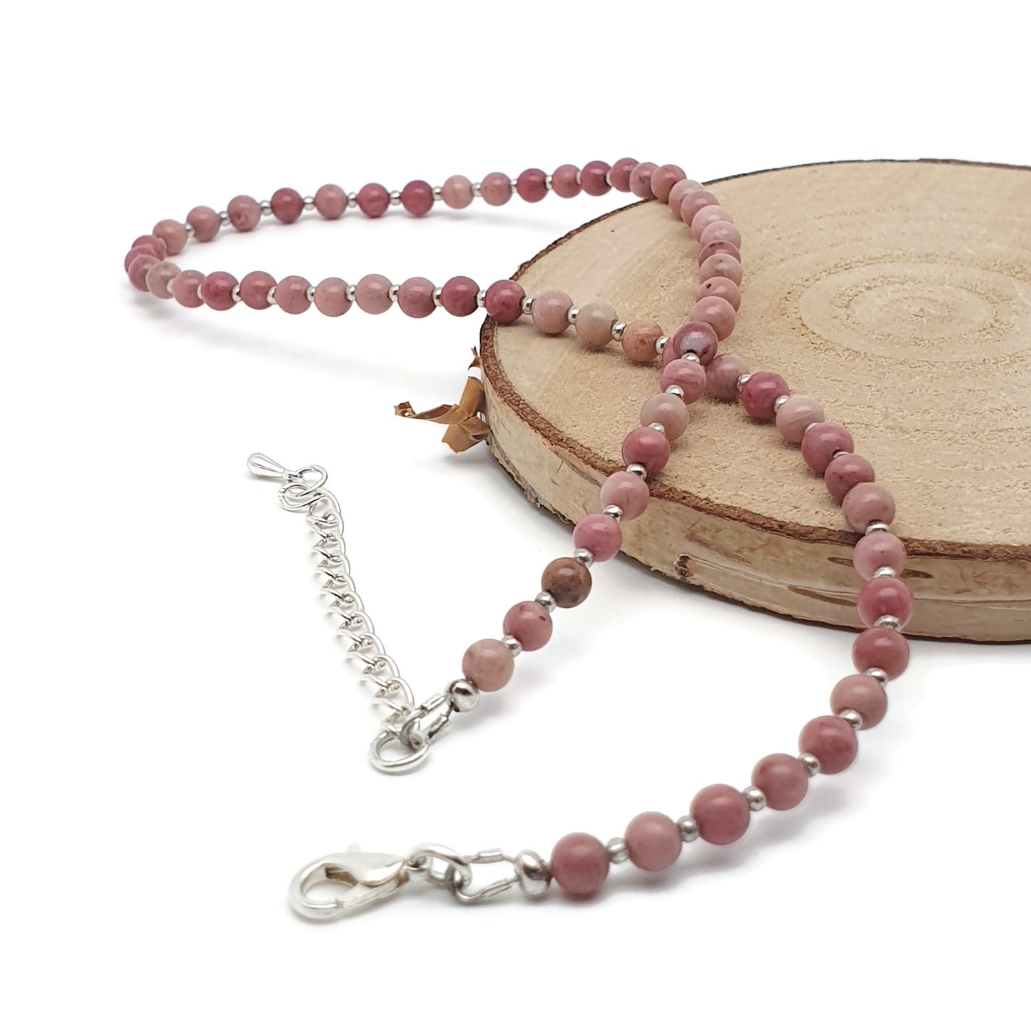 Pink Rhodonite Beaded Collar Necklace Silver Plated