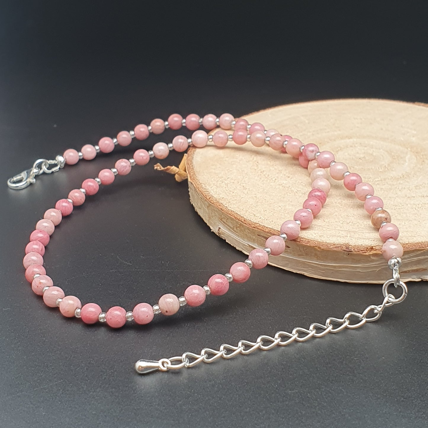 Pink Rhodonite Beaded Collar Necklace Silver Plated