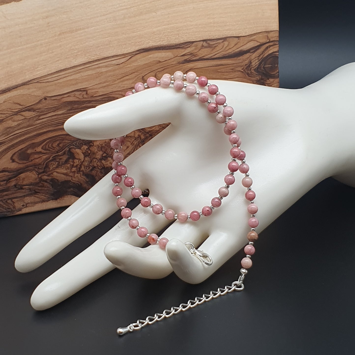 Pink Rhodonite Beaded Collar Necklace Silver Plated