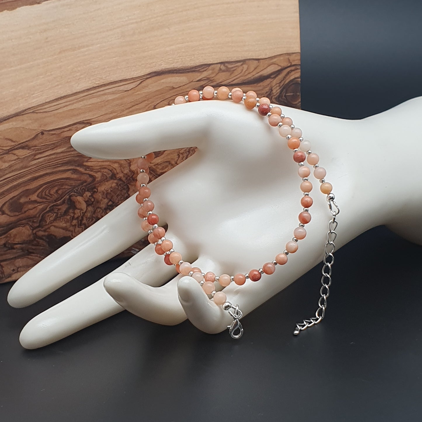 Orange Aventurine Beaded Collar Necklace Silver Plated