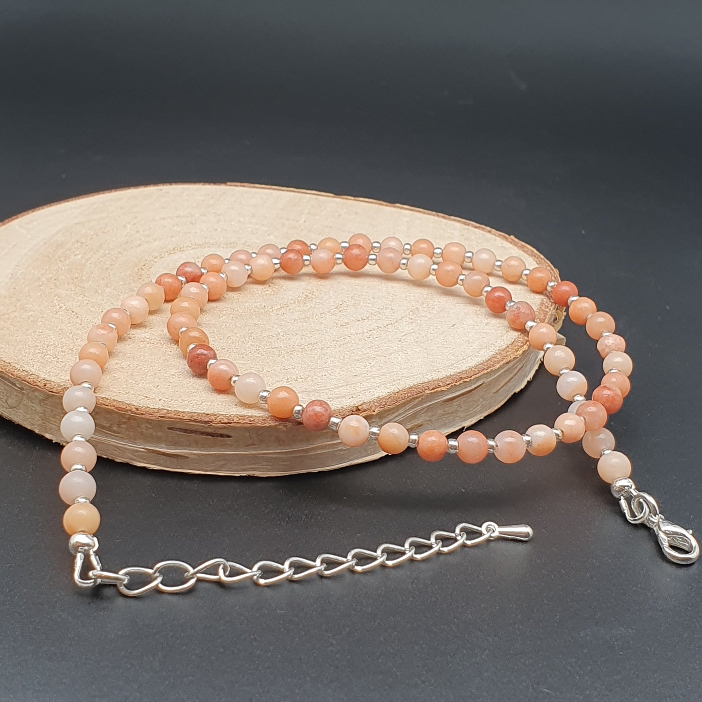 Orange Aventurine Beaded Collar Necklace Silver Plated