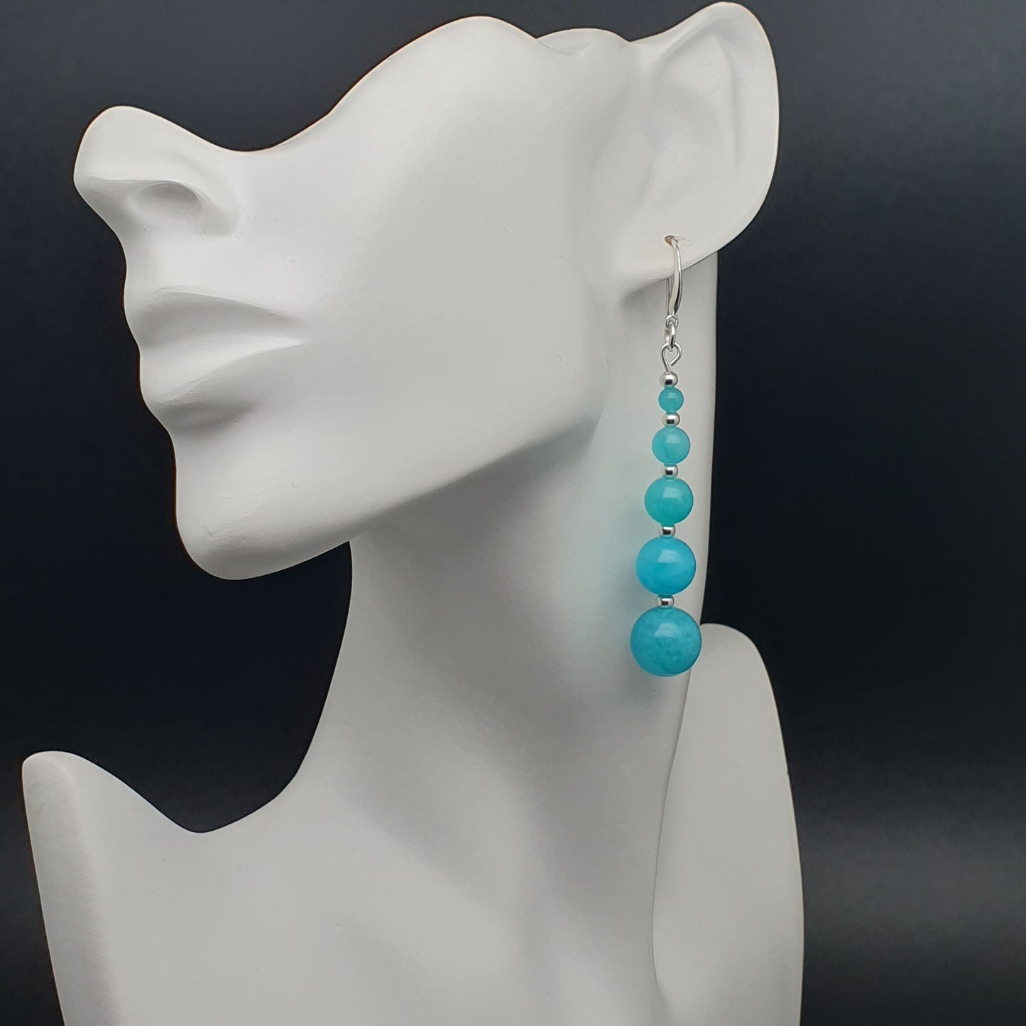 Blue Amazonite Beaded Graduated Long Dangle Drop Earrings