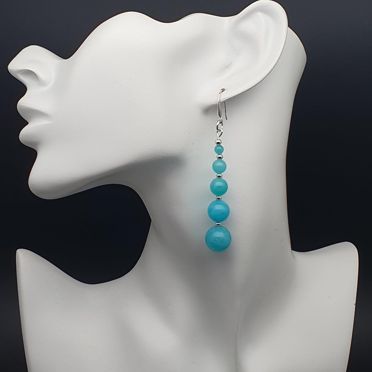 Blue Amazonite Beaded Graduated Long Dangle Drop Earrings