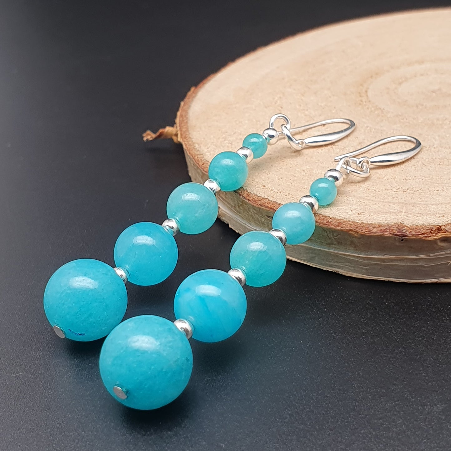 Blue Amazonite Beaded Graduated Long Dangle Drop Earrings