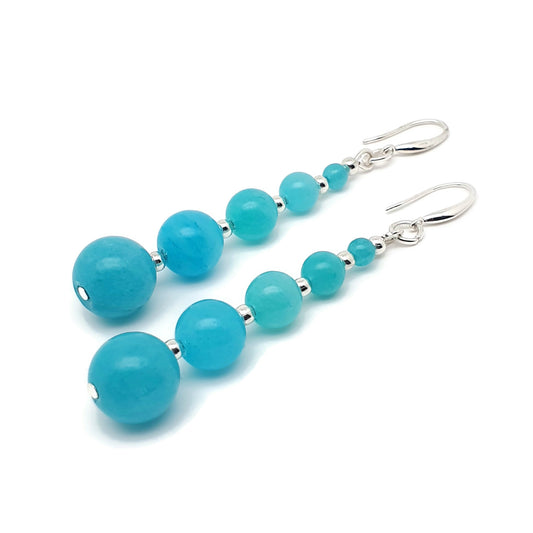 Blue Amazonite Beaded Graduated Long Dangle Drop Earrings