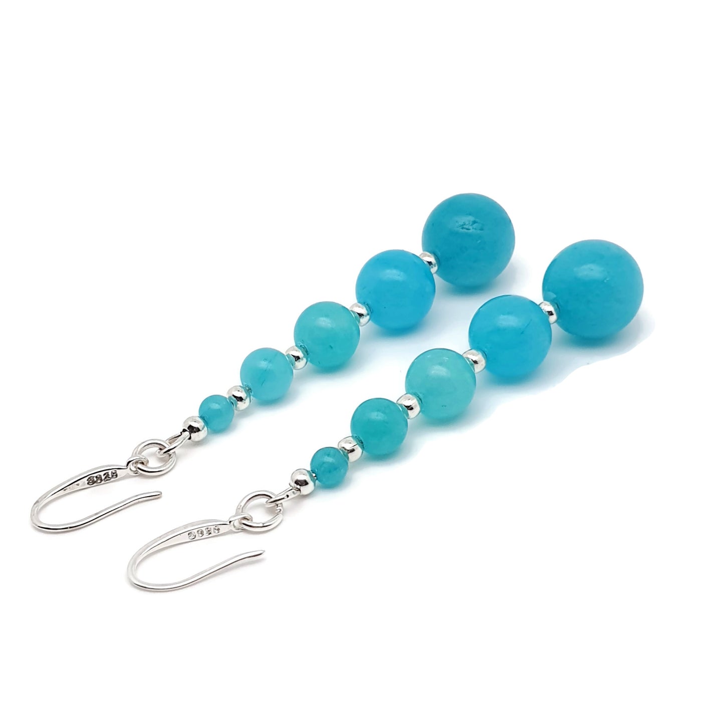 Blue Amazonite Beaded Graduated Long Dangle Drop Earrings