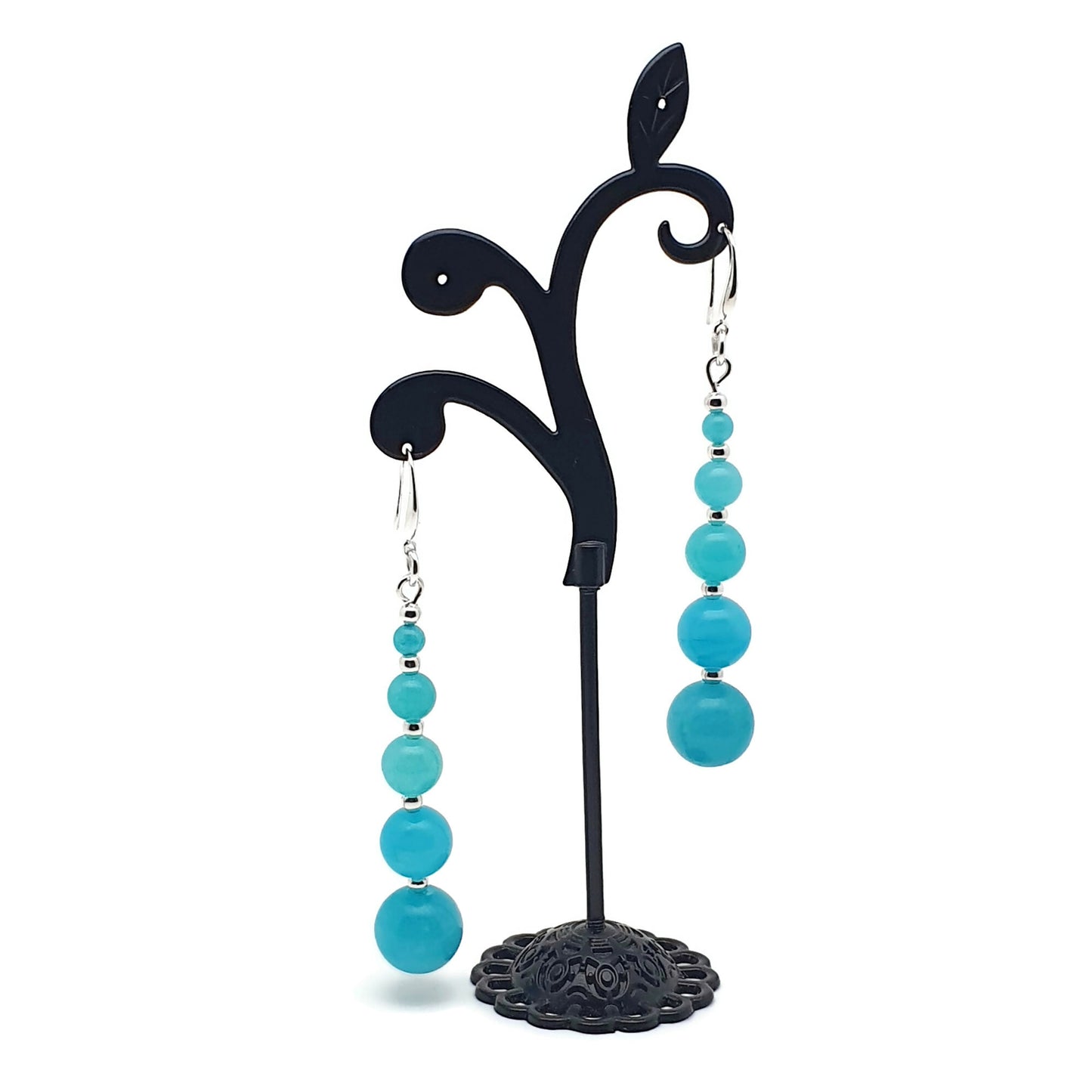 Blue Amazonite Beaded Graduated Long Dangle Drop Earrings