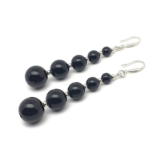 Black Agate Beaded Graduated Long Dangle Drop Boho Earrings